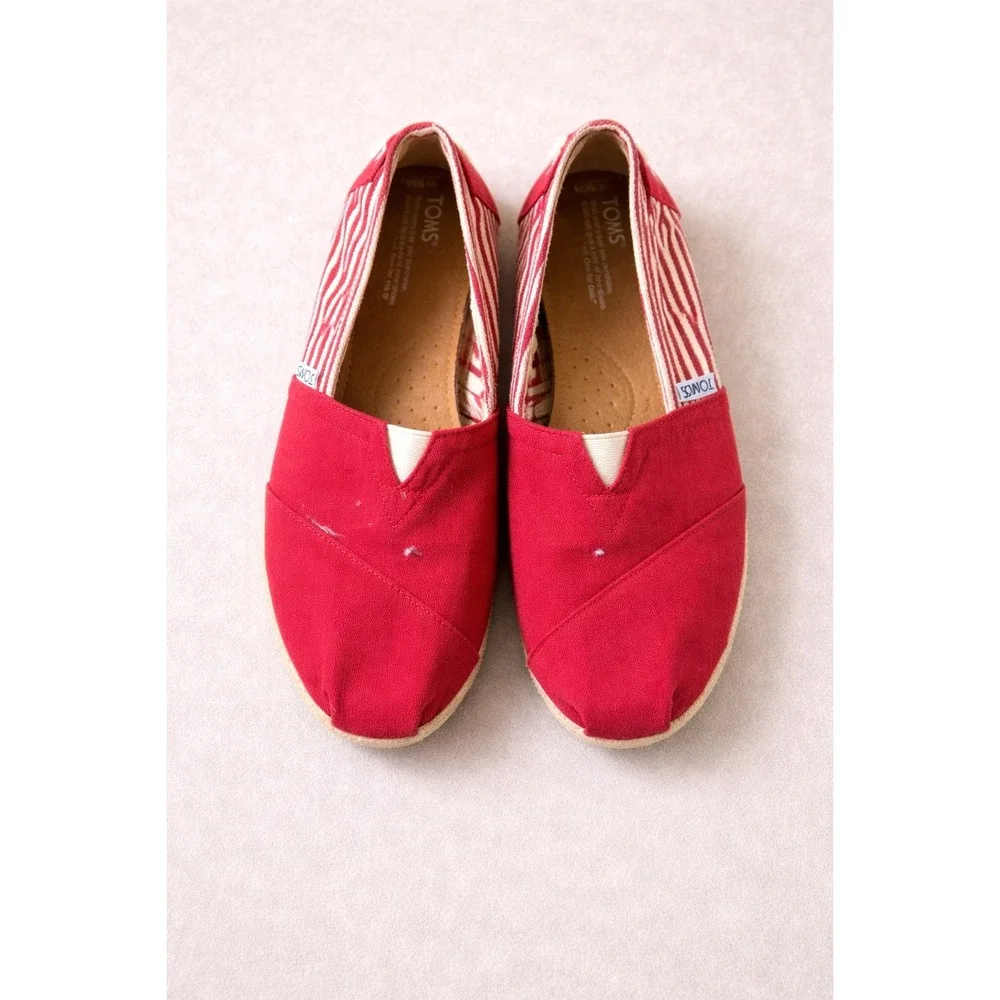 TOMS Womens Alpargata‎ Red Canvas Striped Slip On Espadrille Flats Size 9.5